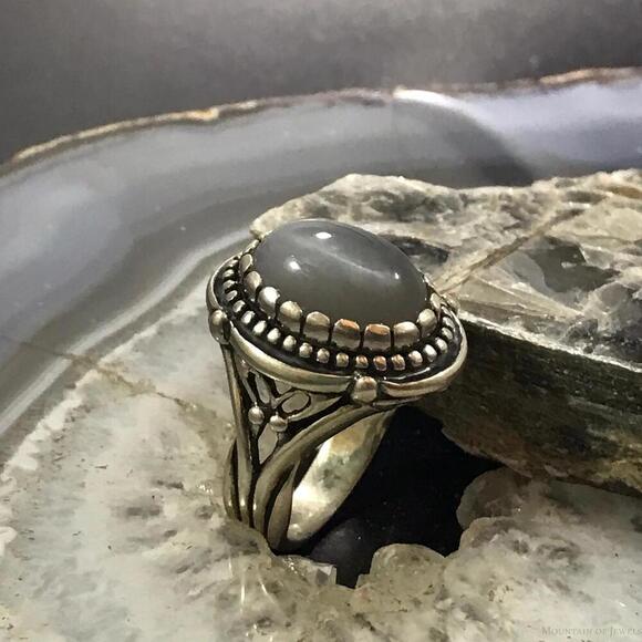 Carolyn Pollack Sterling Silver Oval Gray Agate Decorated Ring Size 9 For Women - Picture 3 of 10